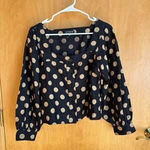 J Crew 100% Linen Polka Dot Square Neck Puff Sleeve Button Up Blouse Top XS‎